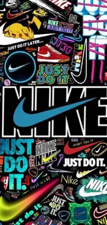 Vibrant Nike collage wallpaper with logos and 'Just Do It' designs.