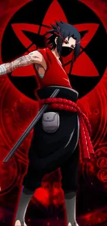 Anime ninja character with red backdrop.