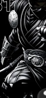 Black ink art of dynamic ninja in action pose, stylish wallpaper.