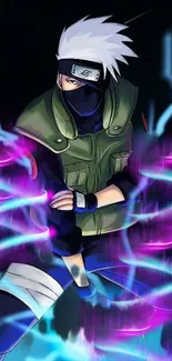 Anime ninja character with colorful energy aura on mobile wallpaper.