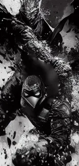 Ninja action scene in black and white.