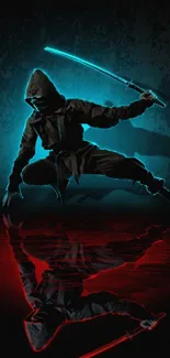 Ninja with neon blue and red swords in dynamic pose.