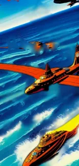 Futuristic vehicles above ocean waves in colorful adventure scene.