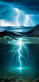 Dynamic ocean and lightning wallpaper with vibrant blue hues.