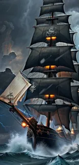 Majestic sailing ship in ocean storm with lightning and dark clouds.