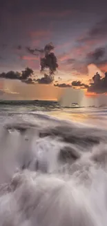 Dynamic ocean waves at sunset with dramatic clouds and vibrant colors.