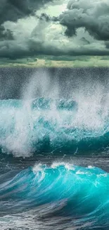 Dramatic ocean wave with stormy clouds.