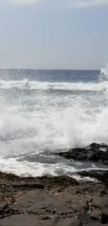 Crashing ocean waves on a rocky shoreline.