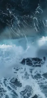 Dynamic ocean waves with frothy foam on blue water.