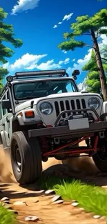 Off-road vehicle driving through a lush forest trail in dynamic artwork.