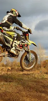 Off-road biker jumping over a dirt track with a scenic background.