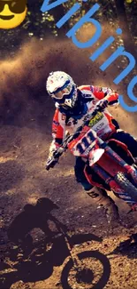 Off-road biker racing on dirt trail, showcasing vibrant action and adventure.