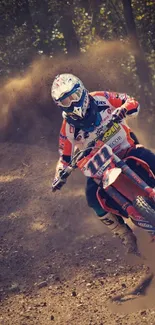 Motorcyclist racing through a dusty trail, showcasing dynamic off-road action.