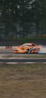 Orange drift car speeding on track in thrilling motion.