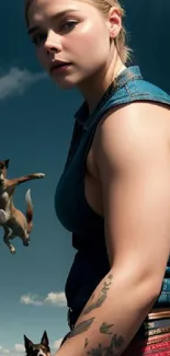 A confident person with tattoos poses against a blue sky, with leaping dogs.