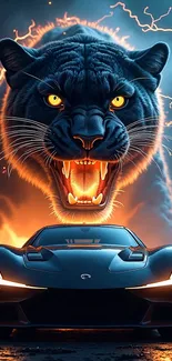 Fierce panther and sleek car illustration vibrantly lit.