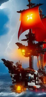 LEGO pirate ship with red sails on a stormy sea, illuminated by glowing lanterns.