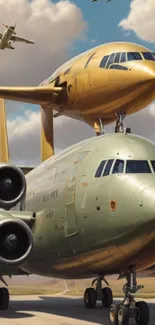Two planes in dynamic formation against clouds.