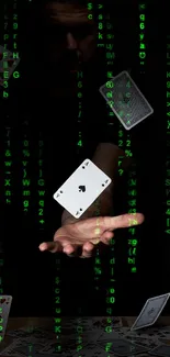 A hand reaching out to catch floating playing cards against a dark backdrop.