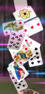 Mobile wallpaper of cascading playing cards with a dark wood background.