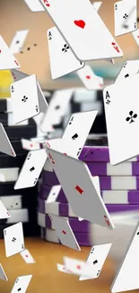 Dynamic poker cards falling with colorful chips backdrop.