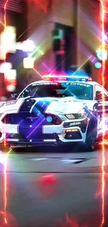 Vibrant police car speeds on city street, vivid lights.