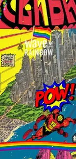 Vibrant pop art comic superhero flying over cityscape with 'POW' text.