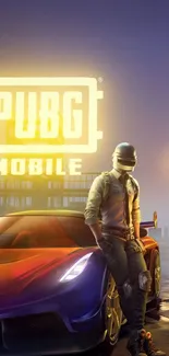 PUBG Mobile wallpaper with player and cars under glowing logo.