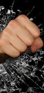 A fist breaking through shattered glass on a black background.