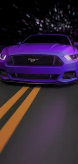 Purple sports car driving on road at night.
