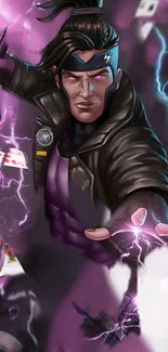 Purple warrior with electric energy and cards in dynamic pose.