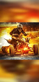 Dynamic quad bike racing through fiery terrain under a stunning sunset.