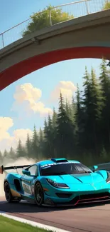 Teal race car speeding under a bridge, surrounded by trees.