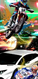 Motorbike and sports car racing in neon.