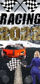 Orange sports car on winter road in Racing 2022 wallpaper with checkered flags.