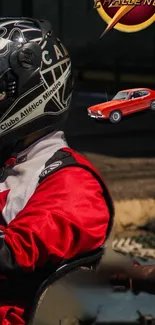 Racing driver with helmet beside red car.