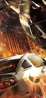 High-speed car chase in urban setting wallpaper with dynamic action.