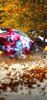 Racing supercars zoom past autumn leaves in a dynamic mobile wallpaper scene.