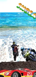 Motorbikes and car racing on a scenic beach with ocean backdrop.