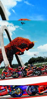 Vibrant motorcycle race with red bull sculpture under clear sky.