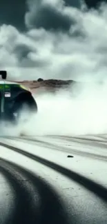 Racing car drifting with smoke on a dynamic track.