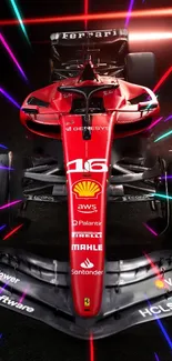 Red Formula 1 car with vibrant neon lights on a dark background.