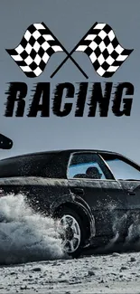 Dynamic racing car drifting in snow with checkered flags and bold typography.