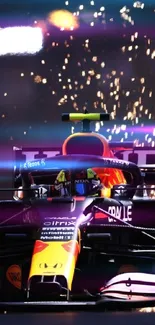 Racing car with sparks in dynamic motion on a dark track with vibrant colors.