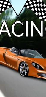 Orange sports car speeding on a racetrack, capturing dynamic motion and style.