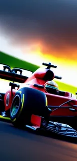 Red racing car at sunset on a track demonstrating speed and excitement.