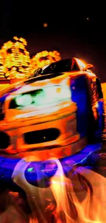 Vibrant racing car with flames and city lights in dynamic motion.