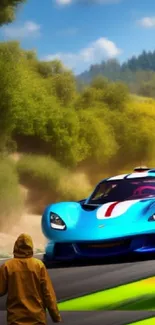 Vibrant blue racing car on a scenic road with balloons.