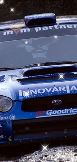 Blue rally car racing through dirt track, creating a dynamic scene.