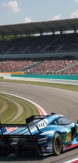 Exciting shot of a racing car on track with grandstand background.